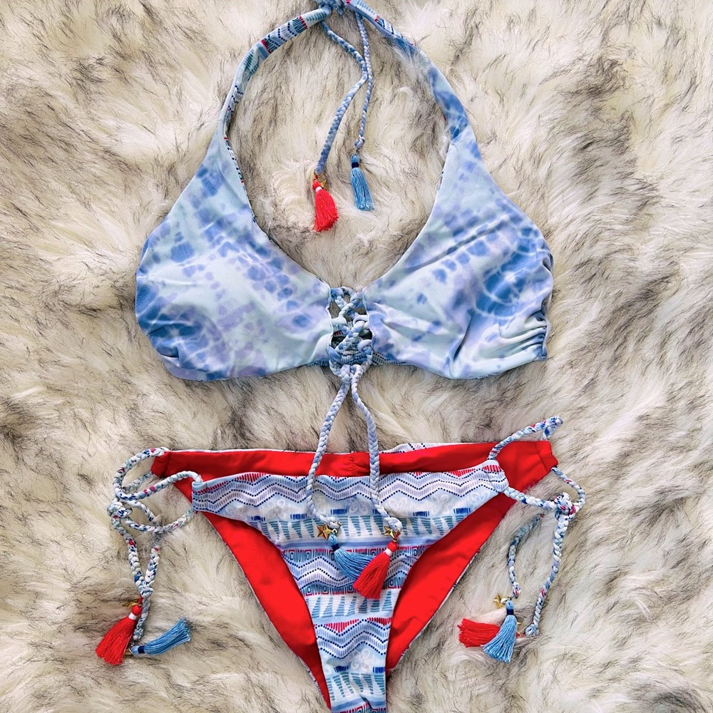 Victorias Secret Reversible Lace Up Tassel Aztec Pattern & Tie Dye Swimsuit